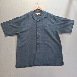 Porcini Men's Deep Blue Textured Short Sleeve Button Up 100% Silk Shirt Size XL